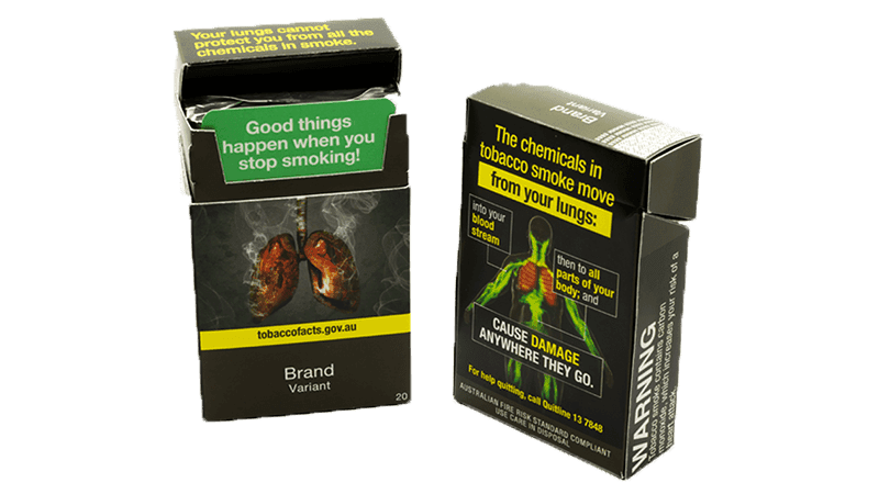 An image of a cigarette package with health messaging on its front