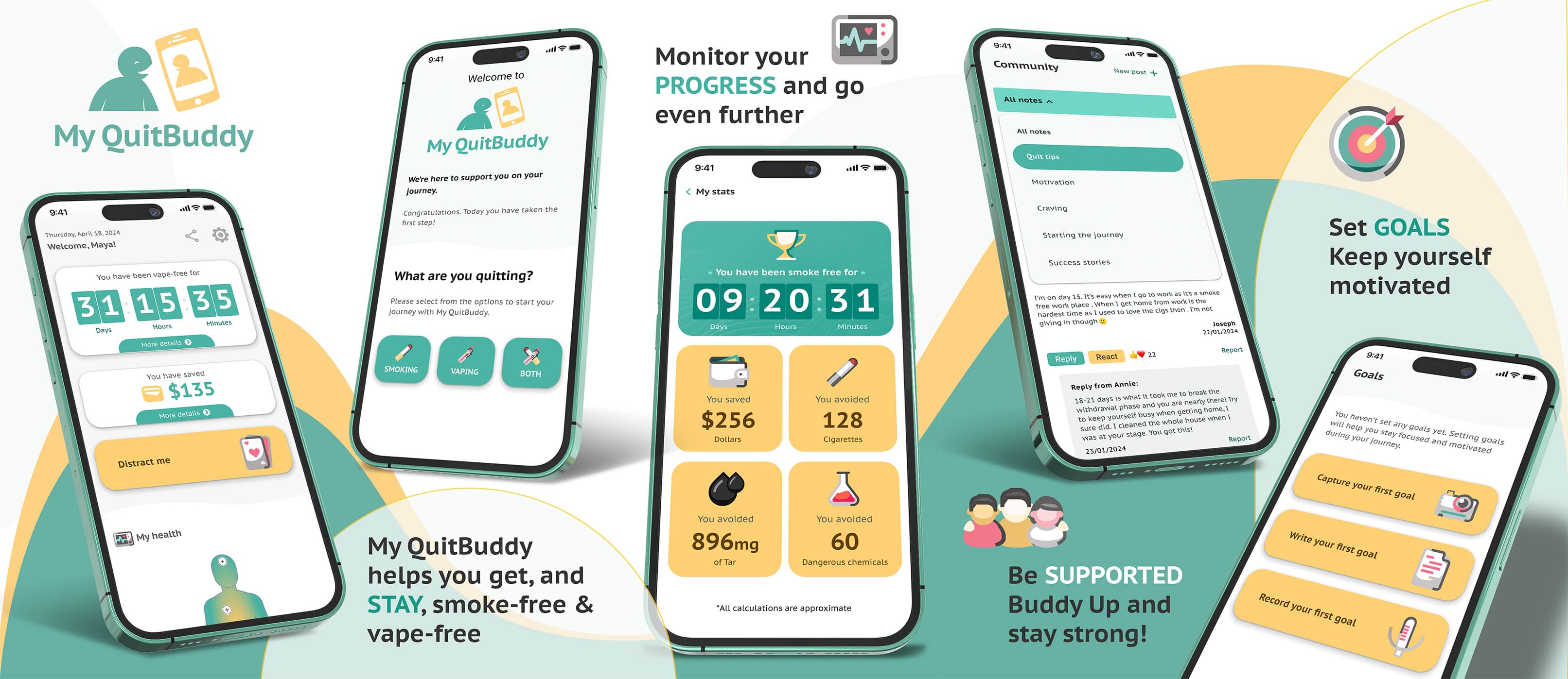 My QuitBuddy app example screens