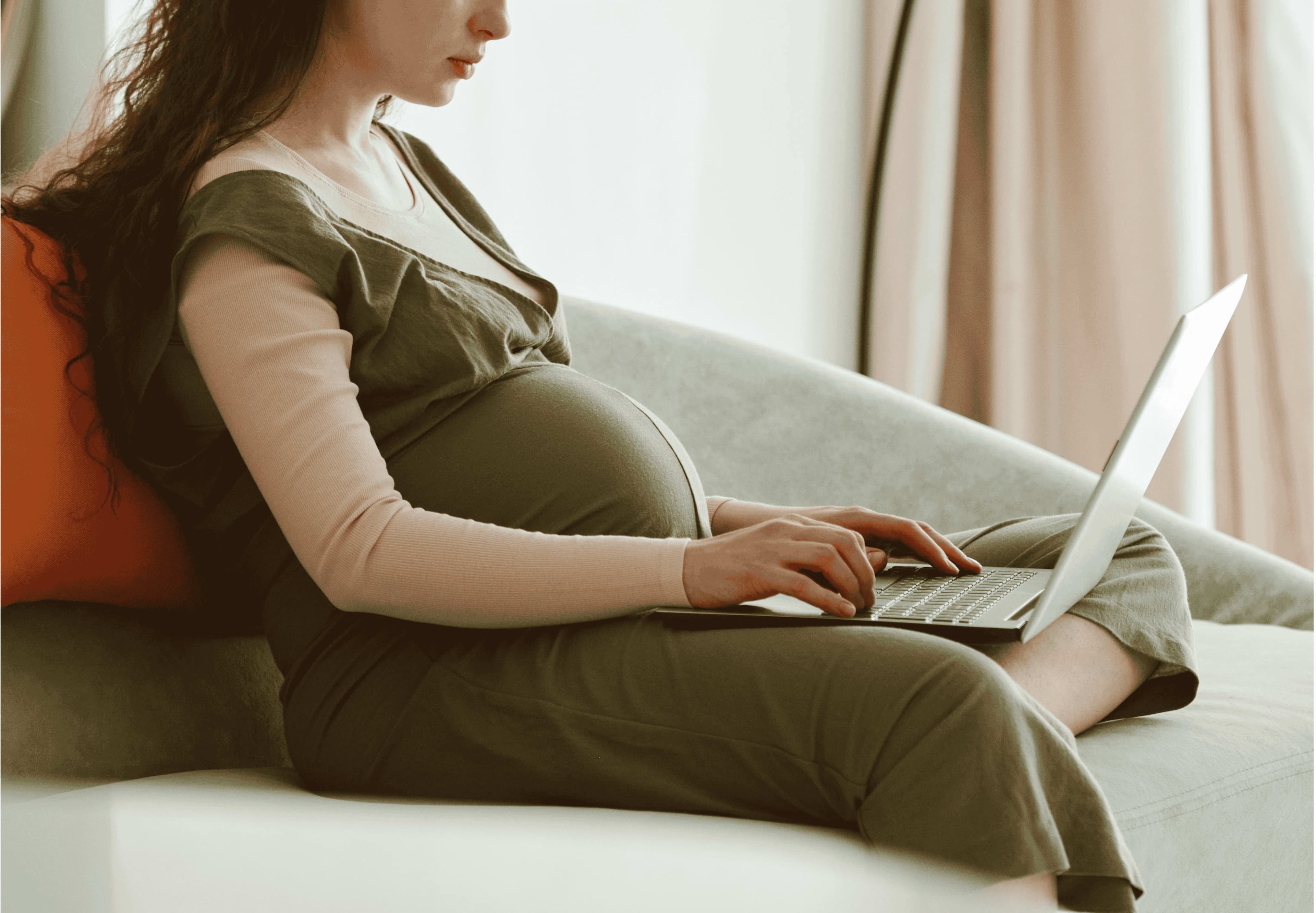 A long-haired pregnant woman looks at a computer